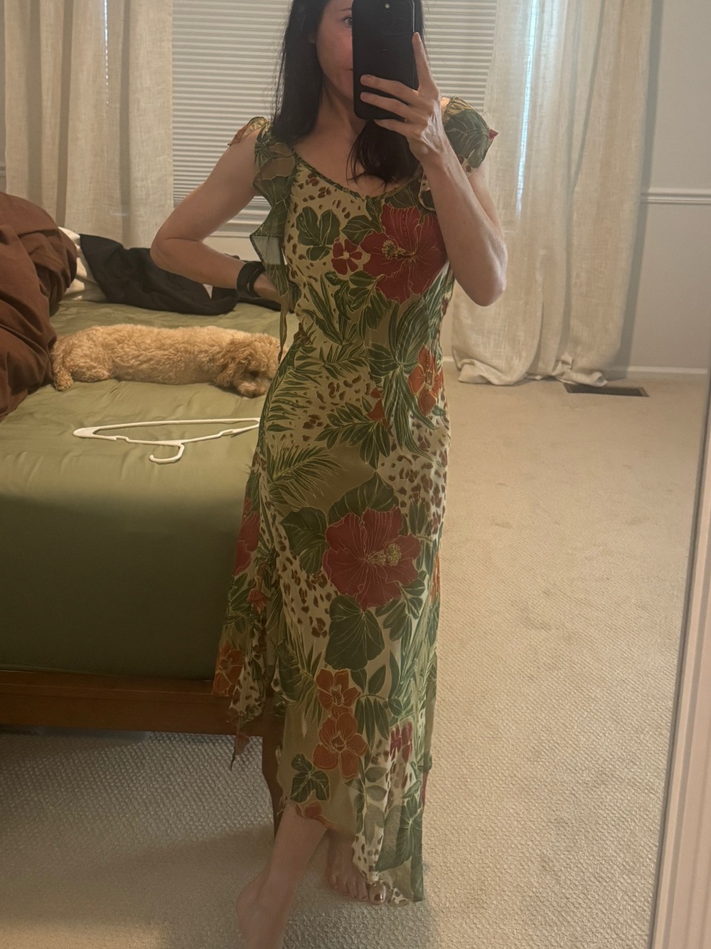 Rene Derhy Vintage Italian y2k slip dress; beaded mixed green floral cheetah